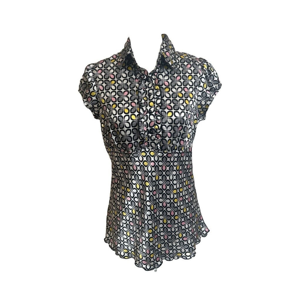 Heart Soul Y2K Women's L Satin Short Sleeve Mod Floral Pirnt Shirt Blouse